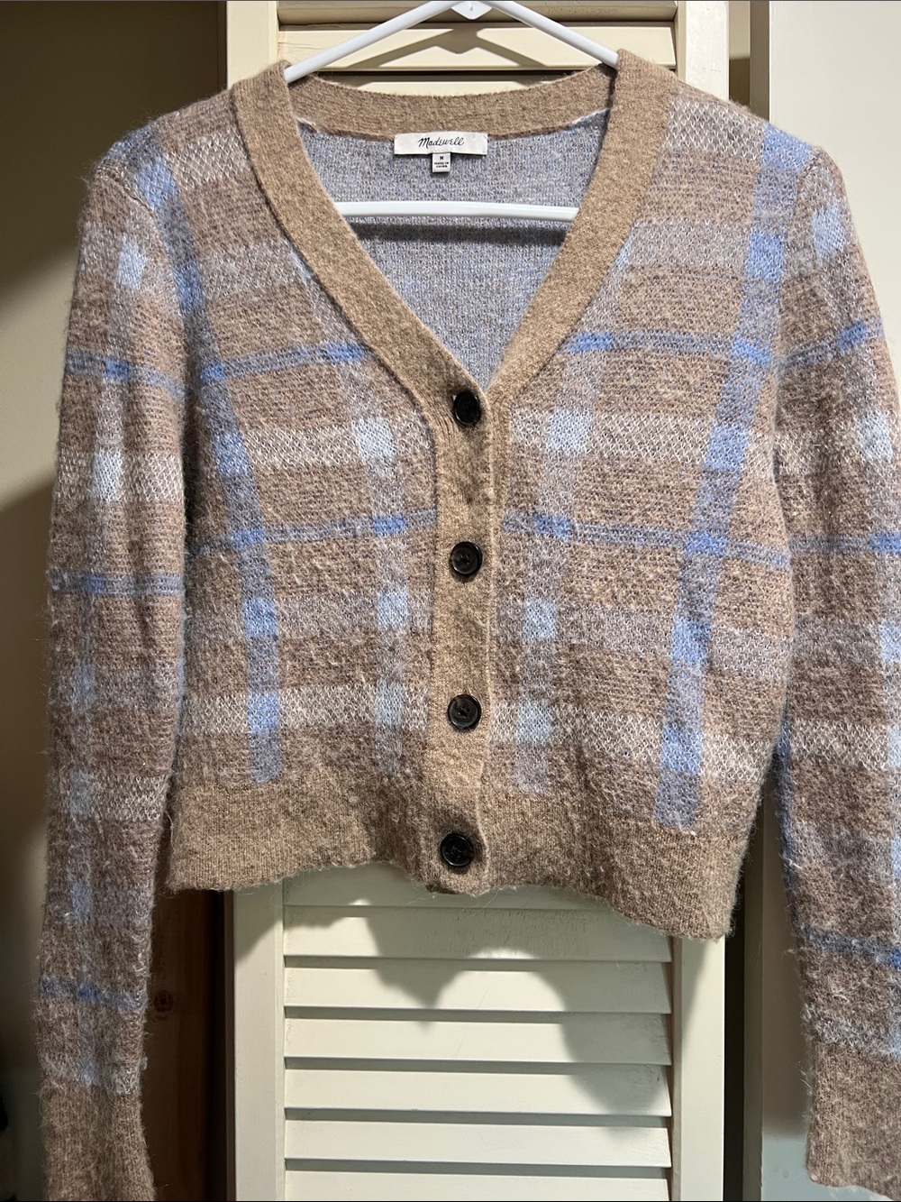Madewell Tan & Light Blue Plaid V-Neck Button Cardigan